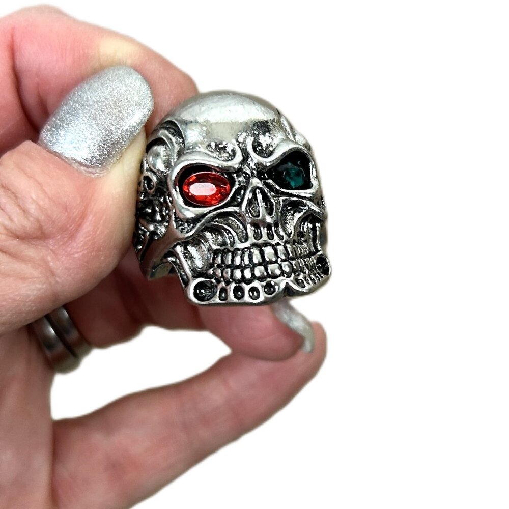 Skull Biker Ring Gem Eyes Silver Tone 12
